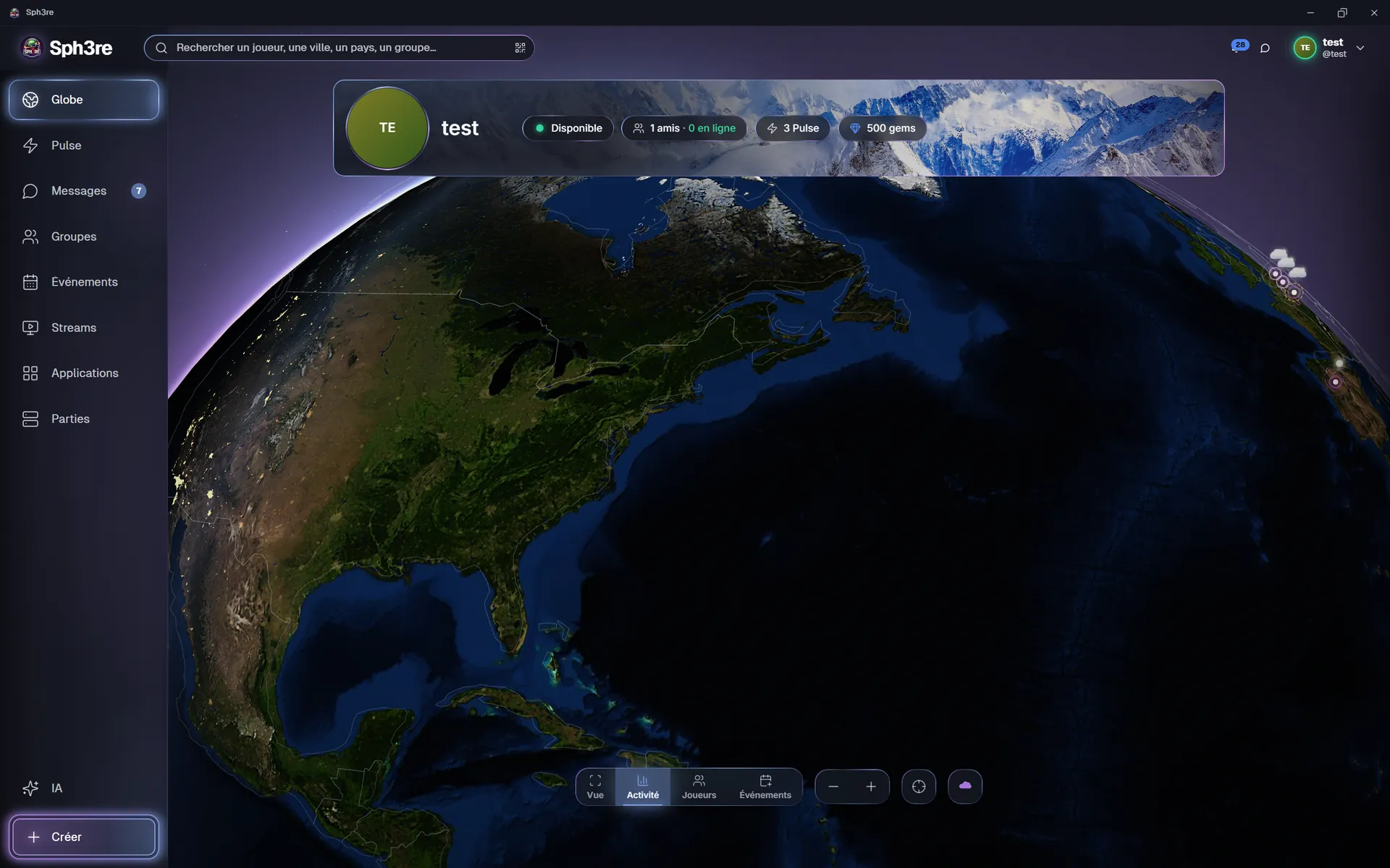 The Sph3re globe: players, cities and live activity